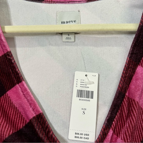 NWT Maeve Velvet Pink Maroon Plaid Puff Sleeve Top Low Cut Size Small - Picture 5 of 12